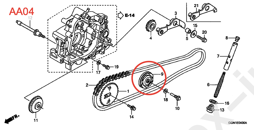 Ролик натяжителя цепи ГРМ Honda Super Cub AA04, CRF 50 / 110 / 125, MSX 125 (14610-KYY-901) оригинал