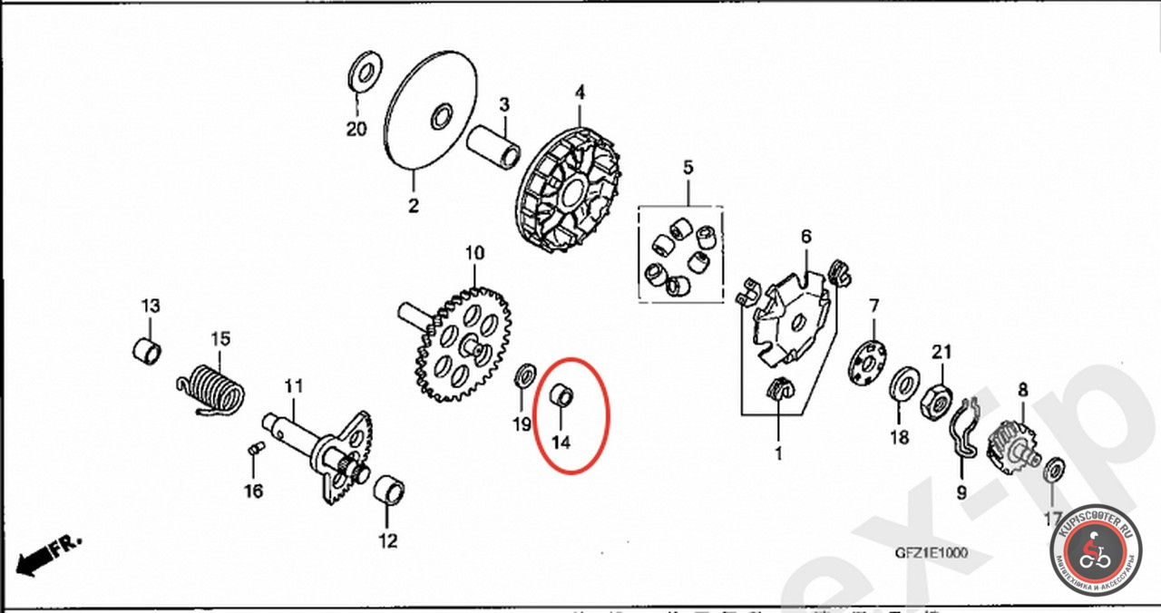 Втулка крышки вариатора 10х14х8,5  Honda Gyro Canopy TA03 / Gyro X TD02 (28255-187-003) оригинал